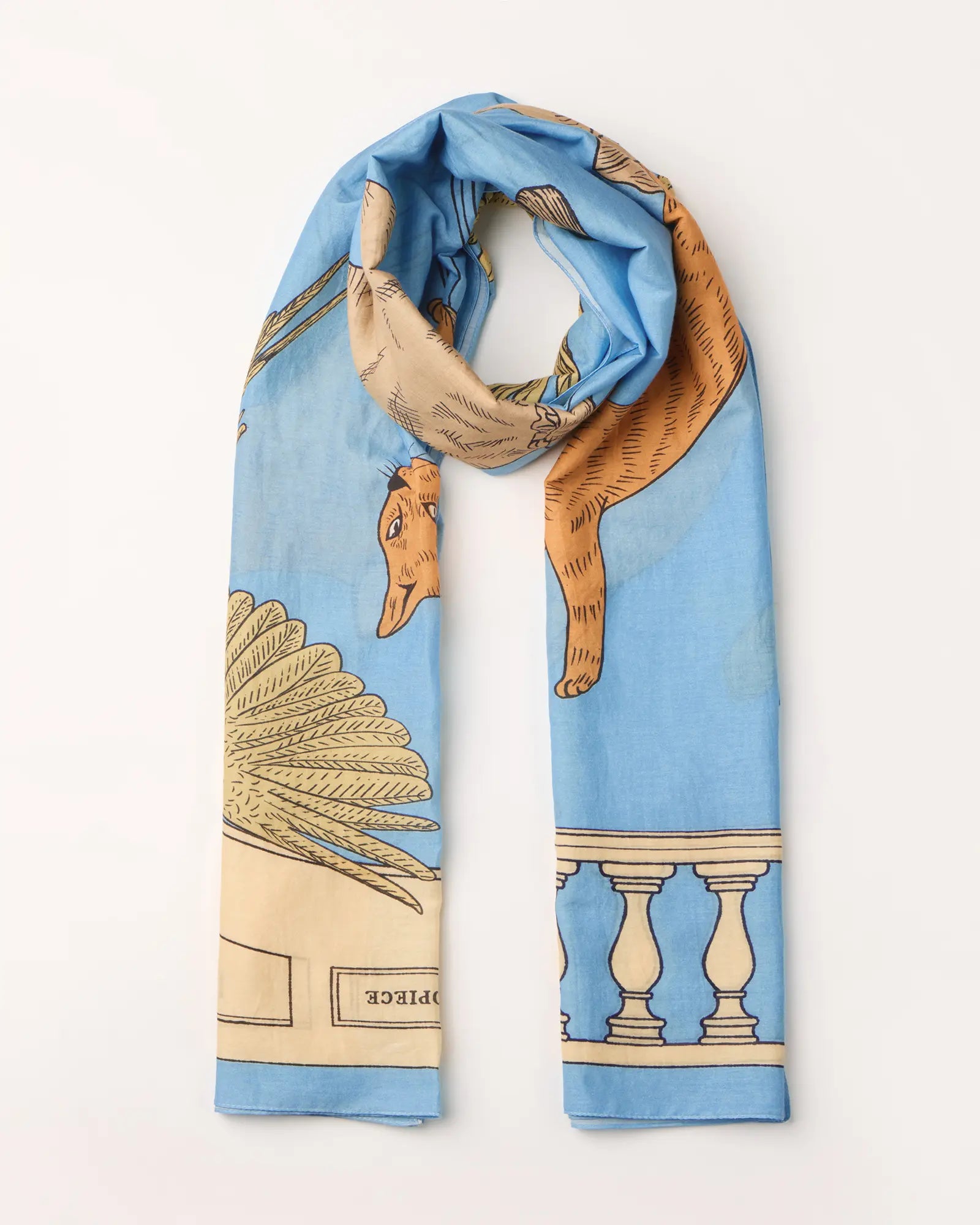 Illustrated light blue rectangle scarf with classical design featuring a cat, parrots and pillars 