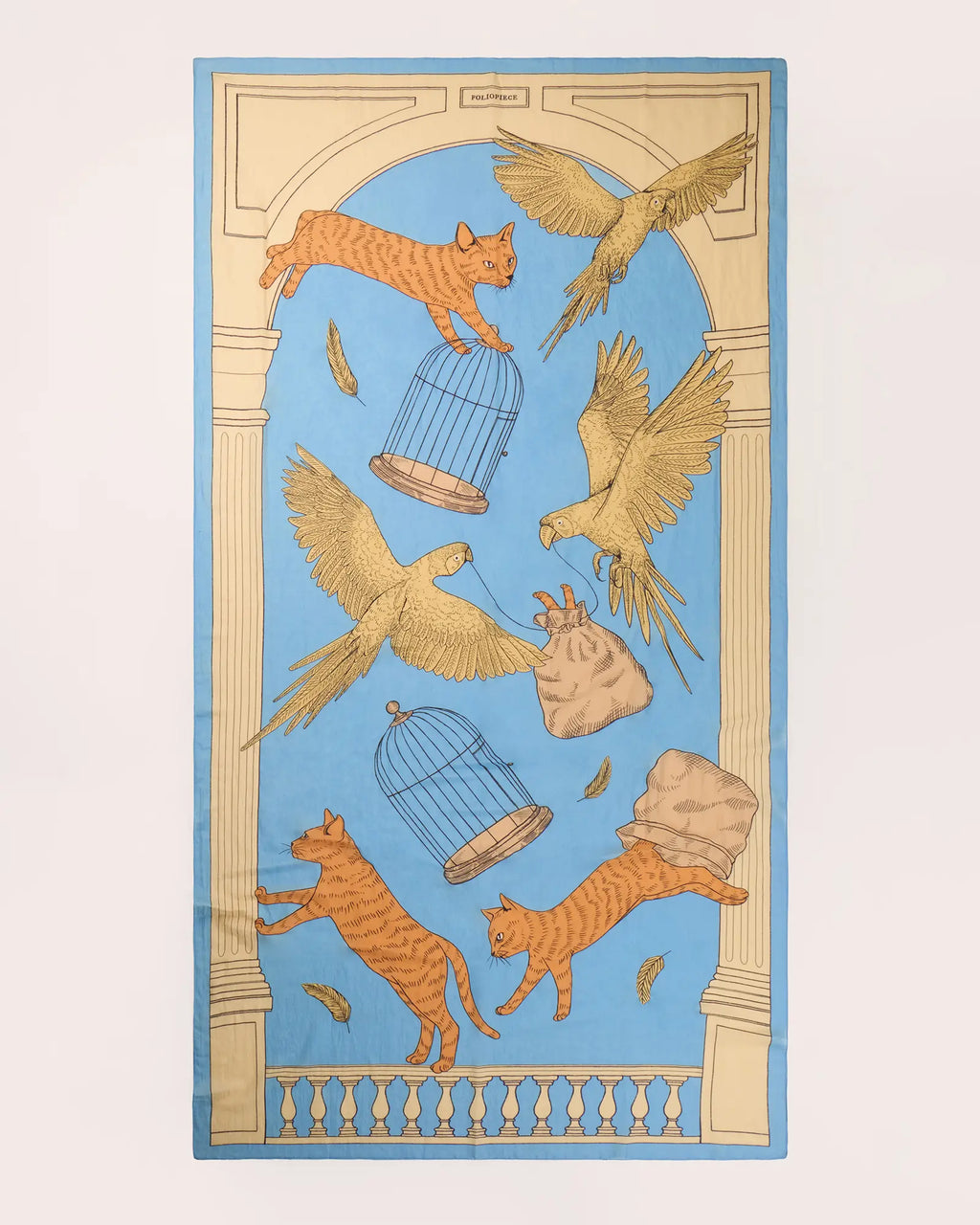 Light blue rectangle scarf with cats, parrots on a blue background