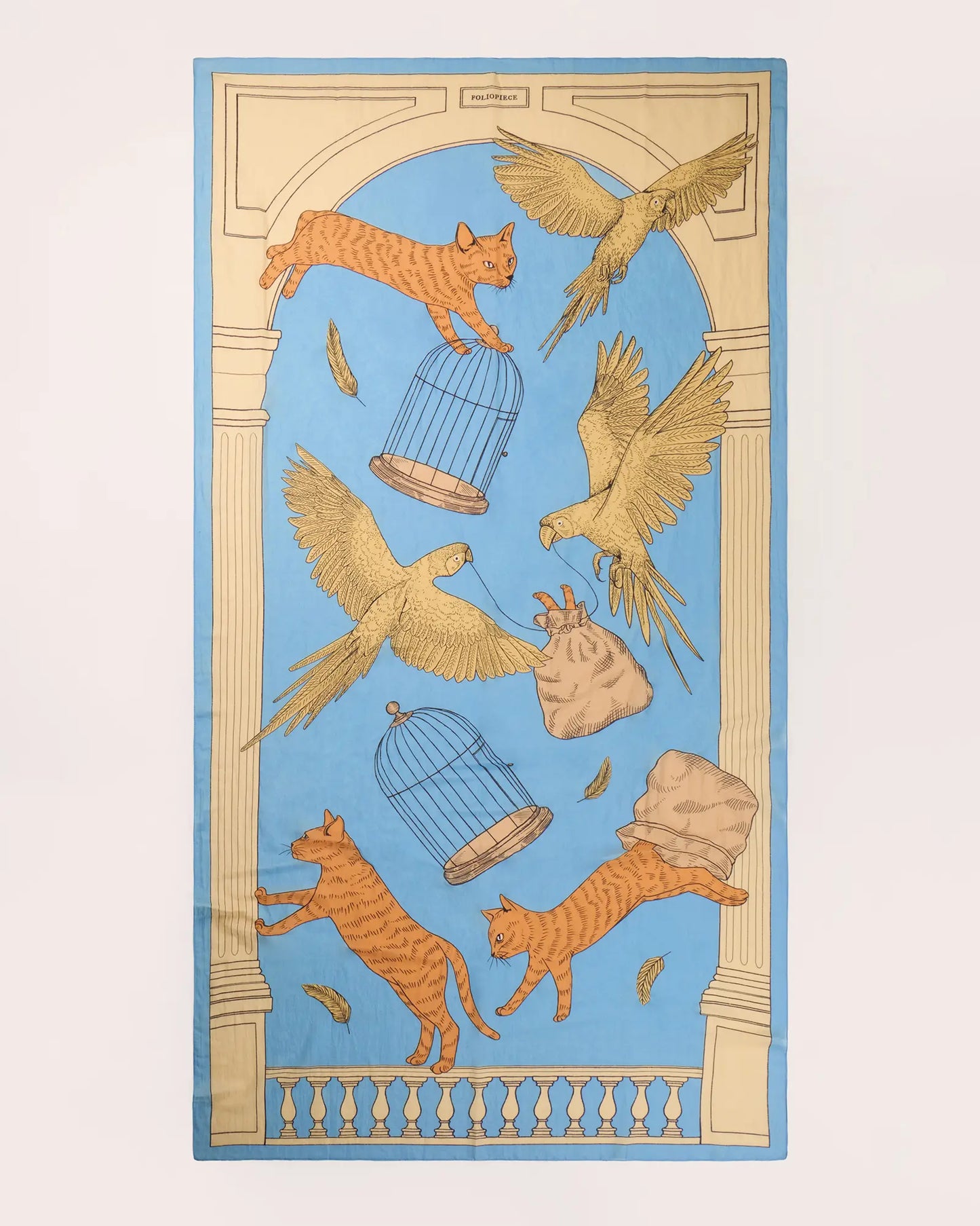 Light blue rectangle scarf with cats, parrots on a blue background